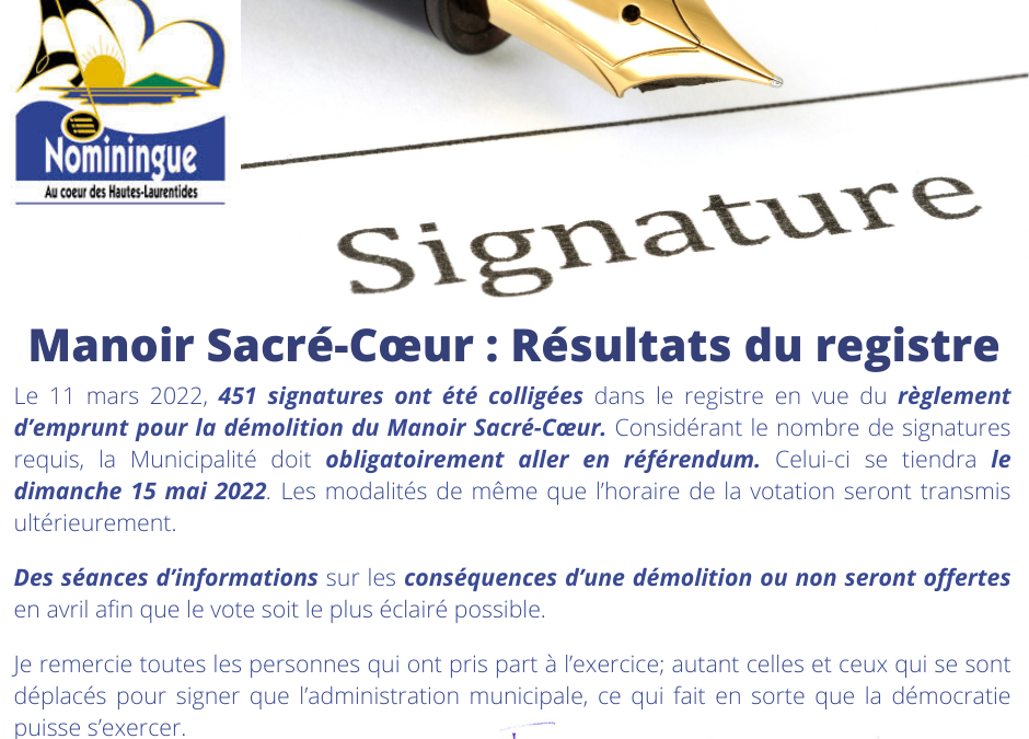 Manoir Sacré-Cœur : Résultats du registre