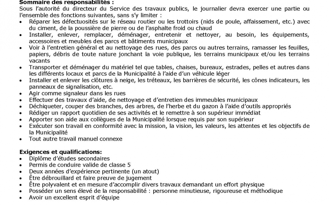 Offre d’emploi – Journaliers – Postes saisonniers