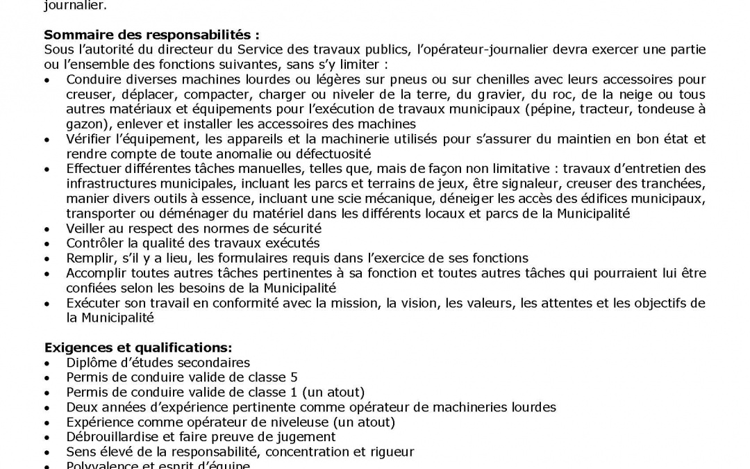 Offre d’emploi – Opérateur-journalier