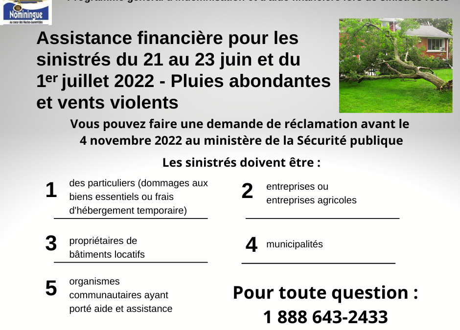 Assistance financière pour les sinistrés de l’été 2022