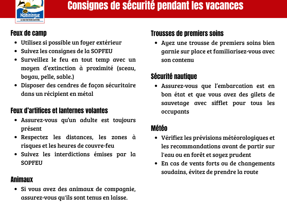 Consignes de sécurité pendant les vacances