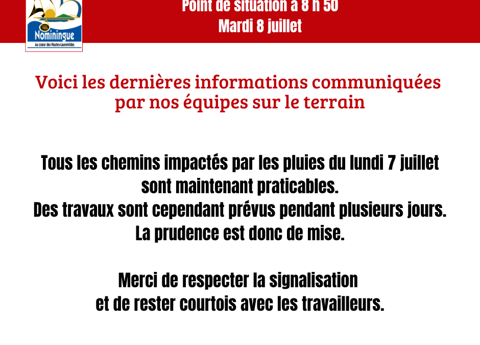État des routes – Point de situation mardi 8 juillet à 8 h 50