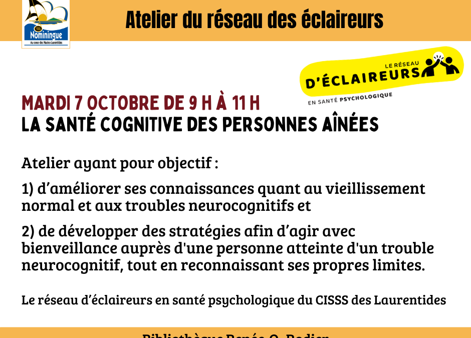 Santé cognitive des personnes aînées – 7 octobre de 9 h à 11 h