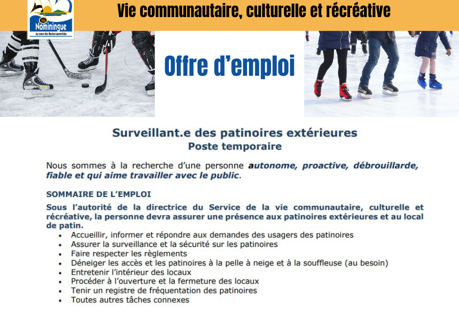 Offre d’emploi – Surveillant.e. des patinoires extérieures