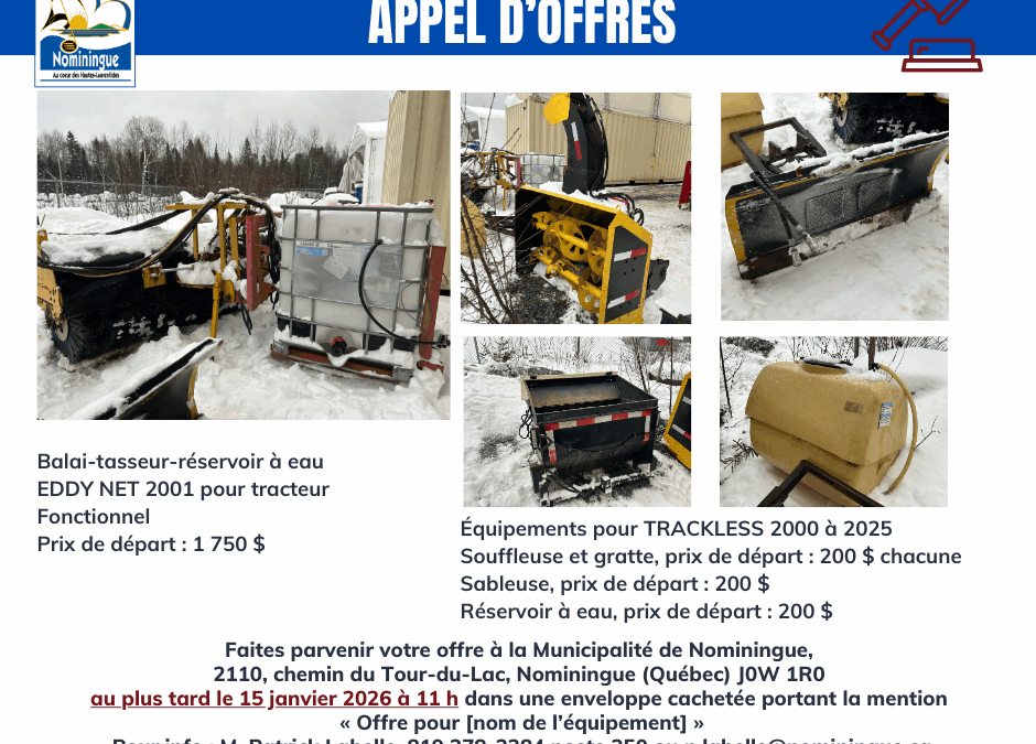 Appel d&rsquo;offres – Équipements municipaux – prolongé jusqu&rsquo;au 15 janvier 2026 11 h