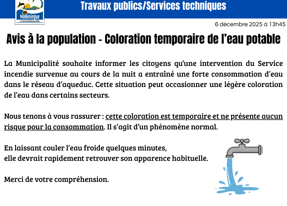 Avis à la population – Coloration temporaire de l’eau potable