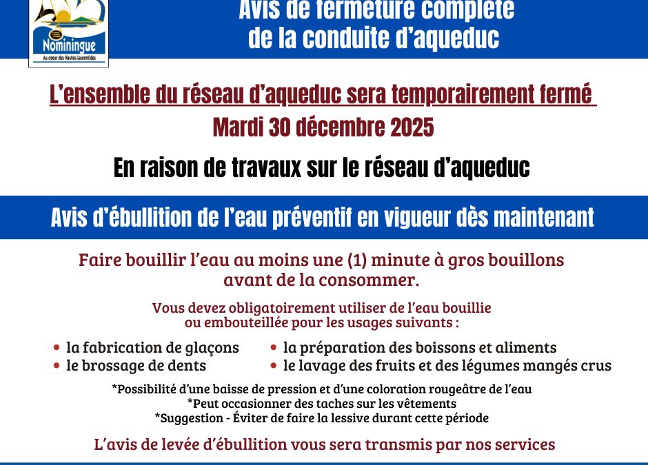 AVIS D’ÉBULLITION DE L’EAU – Tous les usagers du réseau d&rsquo;aqueduc sont visés