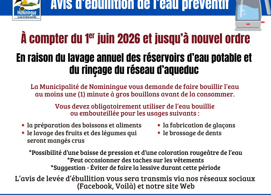 Avis d&rsquo;ébullition de l&rsquo;eau préventif à compter du 1er juin