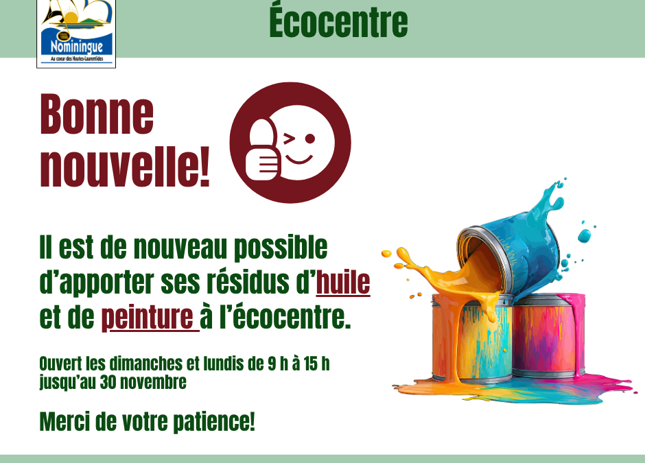Résidus d&rsquo;huile et de peinture de nouveau acceptés à l&rsquo;écocentre