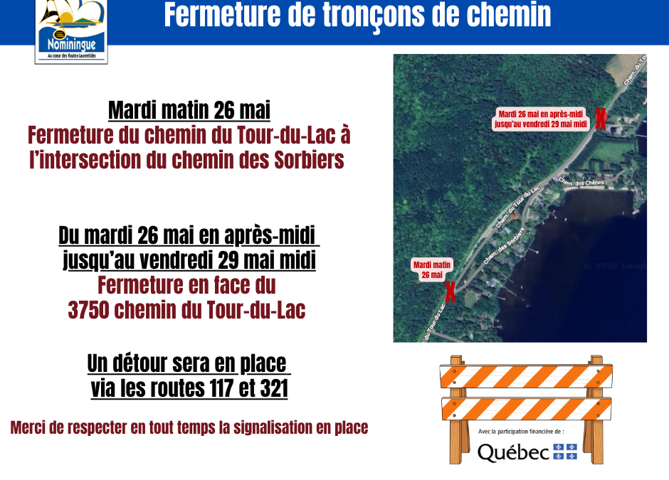 Travaux sur le chemin du Tour-du-Lac – mise à jour 25 mai 2026