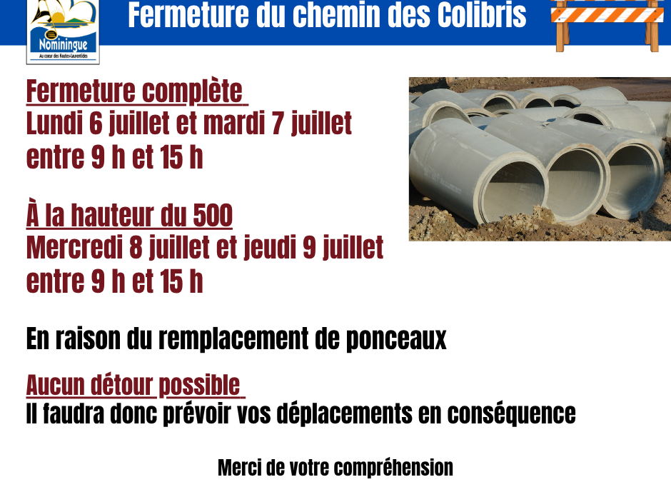 Fermeture du chemin des Colibris